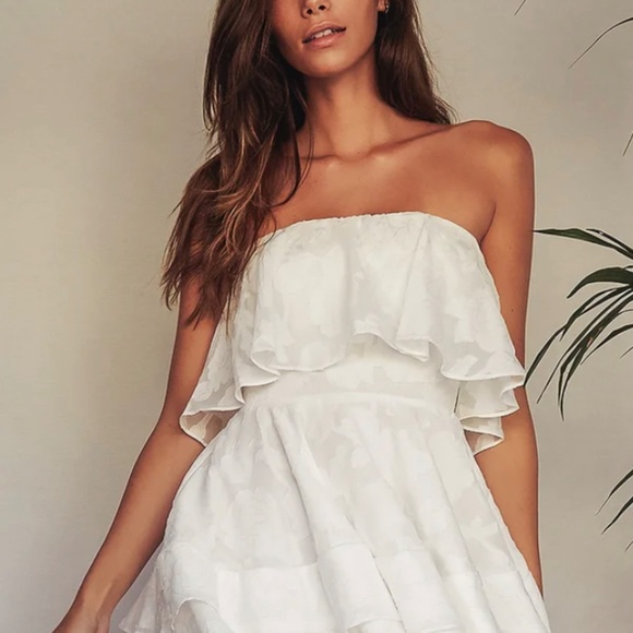 Lulu’s True Lover White Burnout Floral Ruffled Strapless Mini Dress - Picture 2 of 6